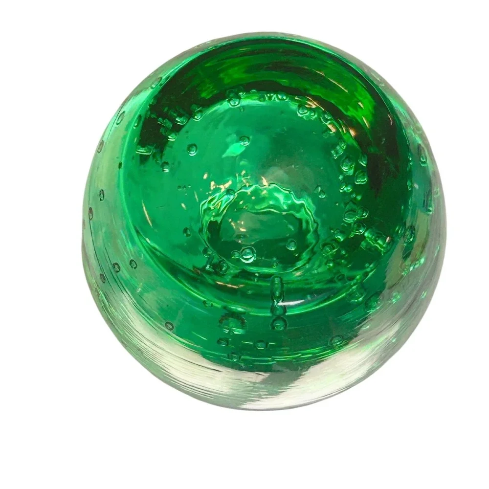 Vintage Green Controlled Bubble Base Bud Vase Clear Art Glass Mid Century 8 Inch